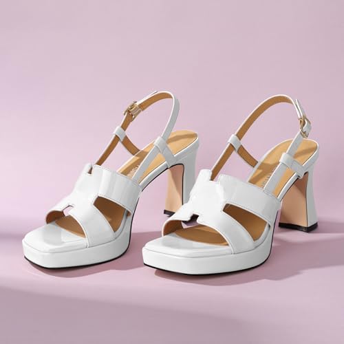 Image of ROSERWISH Heels for Women Chunky Block Platform High Heels Square Open Toe Strappy Heel Sandals Wedding Party Prom Fashion Slingback Dress Pump Sandals Shoes