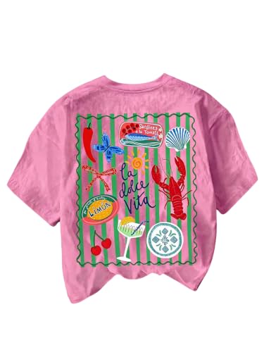 Image of RoseSeek Women's Graphic Letter Tee Crew Neck Trendy Summer Vintage T Shirt