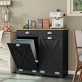 Crehomfy Küchenschrank für Mülleime, Kücheninsel Küchenkommode mit Arbeitsplatte & 2 Schubladen, Holz-Farmhaus 2x37 L Mülleimer-Schrank für die Küche, Schwarz