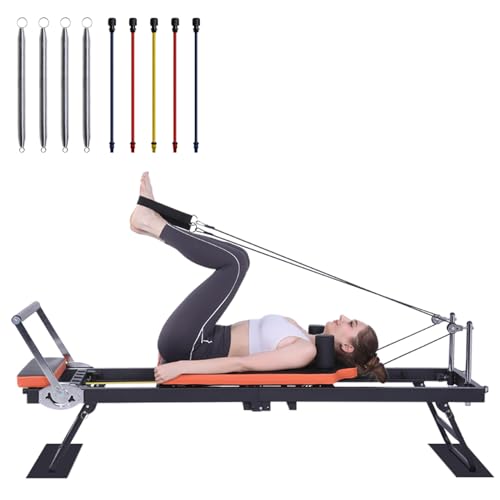 Pilates Reformer, Foldable Pilates Machine (with 4 Springs & 5 Resistance Cords) for Home Gym Studio Workout, Folding Pilate Equipment for Beginners & Advanced Users (4-6 Feet)