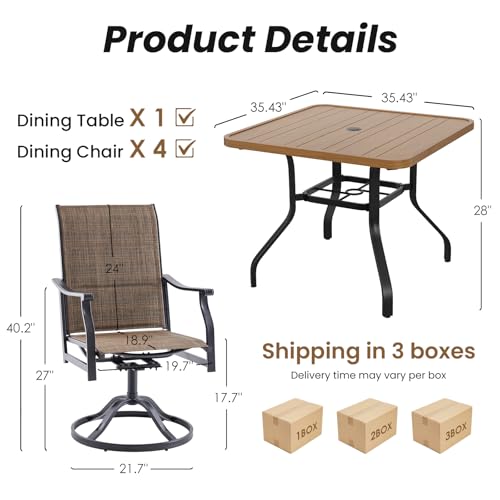 Image of Soohow Patio Dining Set for 4, 5-Piece Outdoor Dining Set 4 x Swivel Patio Chairs and 35 inchx35 inch Outdoor Dining Table with 1.57 inch Umbrella Hole, Wood-Like, for Poolside, Backyard