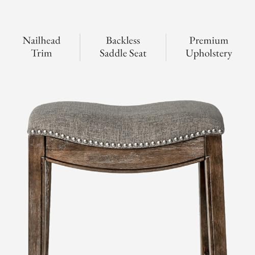 Image of Maven Lane Adrien Backless Counter Stool - Set of 4 - 26 Inches - Saddle Stool with Footrest - Brown Solid Wood Frame & Grey Fabric Upholstery - Perfect for Kitchen Islands & Counters