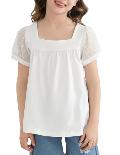 Girls Shirts Puff Short Sleeve Tunic Tops Pleated Square Neck Loose Blouse for Girl Summer Casual Blouse Tee