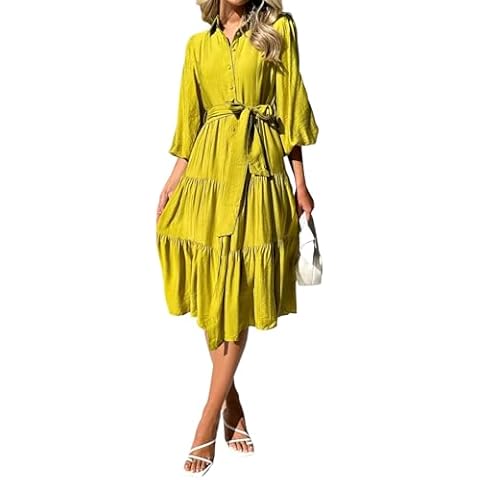 PINUPART Women's Modest Long Sleeve Belted Midi Work Flowy Shirt Dress Lime L Cover