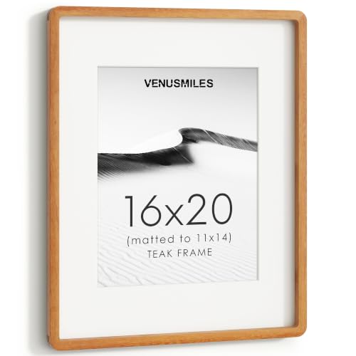 Image of 16 x 20 Picture Frame, USA-Sourced Natural Teak Wood Photo Collage Frame with HD Tempered Glass, Modern Simple 16x20 Wooden Frame Matted to 11x14, Vertical & Horizontal Wall Hanging Display