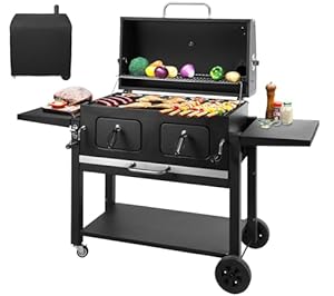 Large Charcoal BBQ Barbecue Grill with Side Tables, Barbeque Grill Outdoor Waterproof Cover, Dual Height Adjustable Charcoal Trays & Temperature Gauge Barbecues Smoker