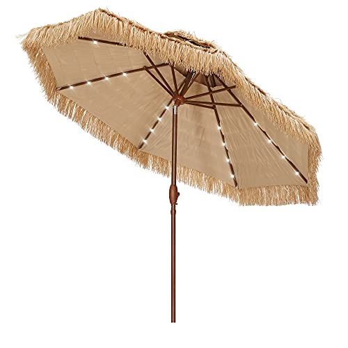 Ainfox 9 FT 2 Tiers Solar Hula Thatched Tiki Umbrella with LED Light, Hawaiian Pool Patio Beach Umbrella Natural Color (Wood Grain)