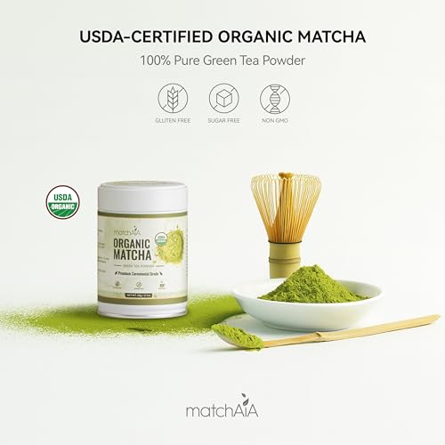 MatchAiA Organic Ceremonial Matcha Green Tea Powder - Premium Ceremonial Grade, First Spring Harvest, USDA Certified, 100% Pure - Sugar Free, Gluten Free (60g / 2.1oz Tin)