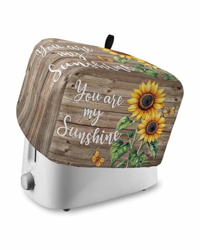 Yellow Sunflower Toaster Cover 2 Slice, Butterfly Sunshine Brown Farmhouse Wood Dustproof Bread Machine Oven Cover with Storage Pockets, Fits Most Kitchen Toasters Protector