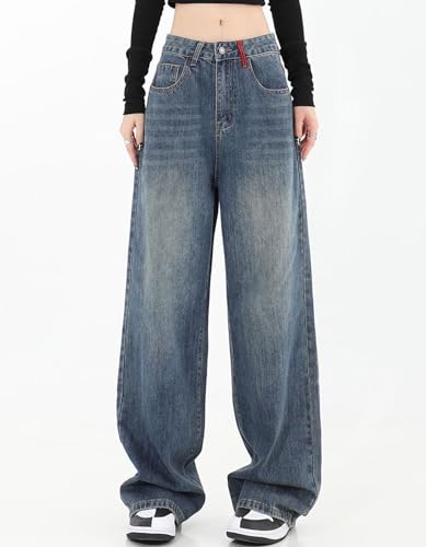 Women's Y2K Street Fashion Baggy Jeans Red Pocket High Waist Wide Leg Denim Pants3