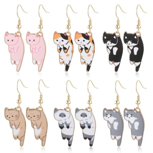 Mabor 6 Pairs Cute Cat Earrings for Women Colored Kitty Cat Earrings Alloy Drop Dangle Fun Anime Animal Earring Aesthetic Funny Cartoon Jewelry Gifts