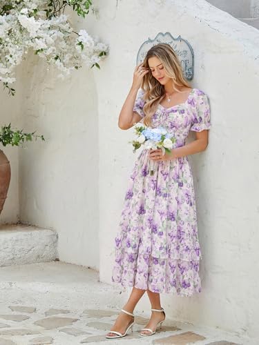 Image of Scarlet Darkness Women Floral Maxi Dress Puff Sleeve Tea Party Corset Dress | Pockets, Ruched Bust, Ruffled Hem, for Cottagecore Fairy Milkmaid Vacation