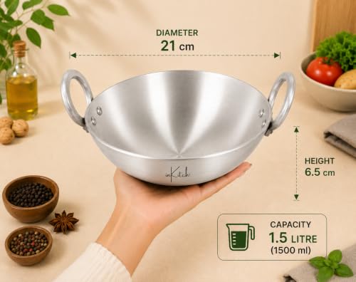 Image of Heavy Gauge Pure Aluminium Kadhai 21 cm, 1.5 Litre, 500g, Deep Frying Wok with Strong Double Handles, Fast & Even Heating, Lightweight Gas Stove Cooking Kadai for Everyday Kitchen Use