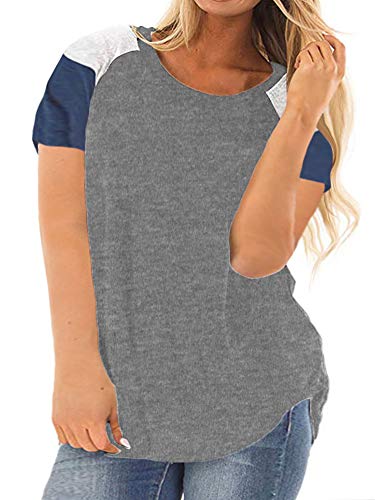Plus Size Color Block Short Sleeve T Shirt for Women Crewneck Casual Tee Tops Grey 22W