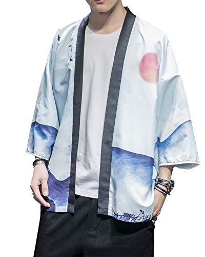 Image of Men's Japanese Kimono Robe Jacket Lightweight 3 /4 Sleeve Open Front Yukata | Silky Smooth Fashion Print Happi Coat Lightweight Breathable Loose Unisex Haori Casual Summer Cardigan Daily Beach Vacation