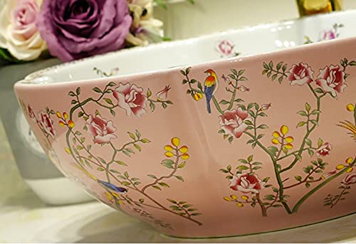 Pink Color Flower Shape Bathroom Vessel Sinks Ceramic Art Wash Basin with Flower Bird Pattern for Counter Vanity Top,1 Sink Only