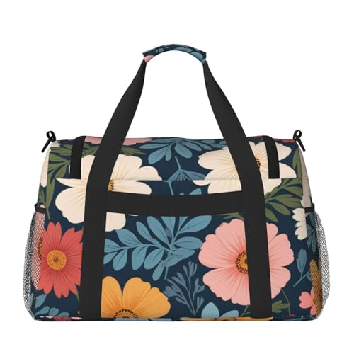 Floral Flowers Print Travel Duffle Bag - Foldable Personal Item Travel Bag for Women & Men,Carry-On Convertible Crossbody Tote Bags with Adjustable Shoulder Strap & Pockets 13x10.2x19.7 in2