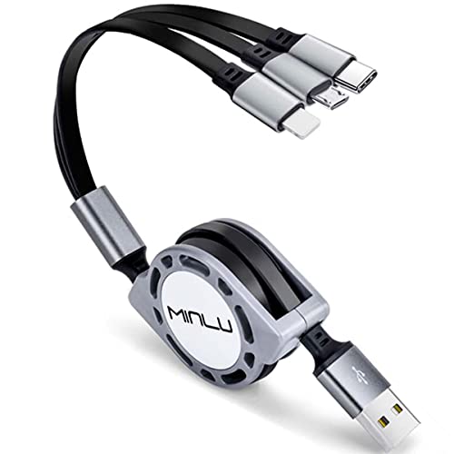 MINLU 1.2m Cable cargador retráctil múltiple 3A, 1 Piezas 3 en 1 Cable de Carga USB Múltiple con teléfono/Tipo C/Micro USB para teléfono 12 11 Xs/Tablets/Samsung Galaxy/Pixel/Huawei/LG/Xiaomi (Gray)