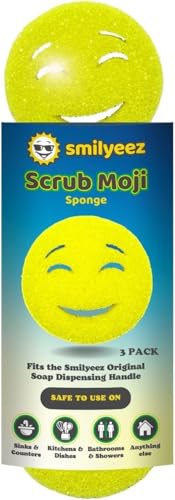 Image of The Original Scrub Moji Scrubbing Sponge by Smilyeez (Set of 3) - Yellow - Temperature-Responsive Polymer Foam, Stain and Odor Resistant, Ideal for Kitchen and Bathroom Cleaning