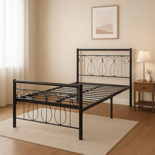 Image of Kovu Metal Extra Single Size Bed Without Storage | Wrought Iron Cot with Headboard & Footboard| Sturdy Powder Coated Platform Bed Extra Single Size Cot for Bedroom (Kovu Black)