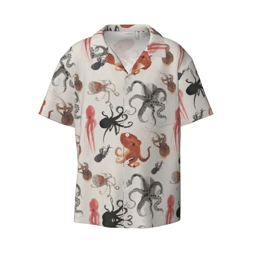 Camisa de vestir para hombre, con estampado de pulpo, de color, ajustada, manga corta, informal, para negocios, con botones, Negro, 46