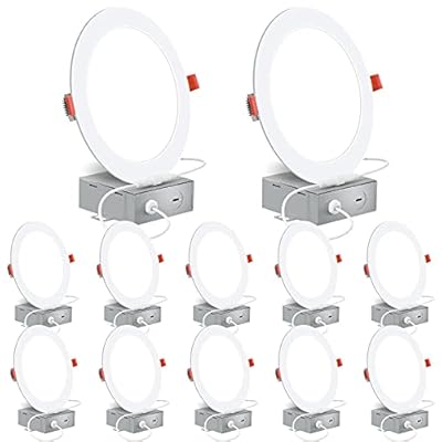 12 Pack 6 Inch Ultra-Thin LED Recessed Lighting with Junction Box, 900LM High Brightness, 4000K Cool White, Canless Wafer Downlight, 12W=120W Eqv, Dimmable Slim LED Ceiling Light, ETL Certified