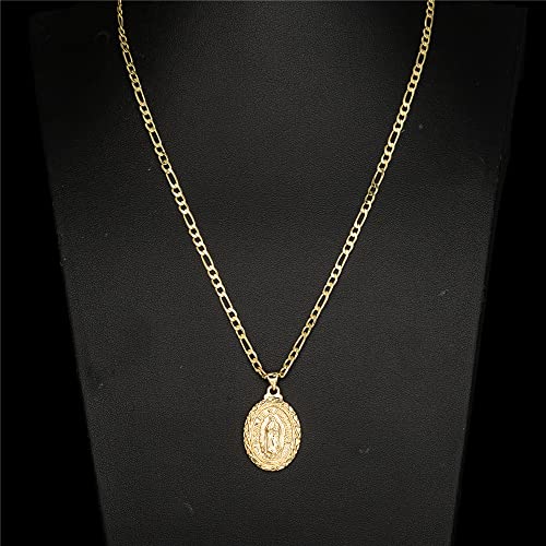 kelistom 14K Gold Plated Guadalupe Virgin Mary Pendant Necklace for Women Men 3mm Flat Figaro Chain Necklace 18/22 inch3