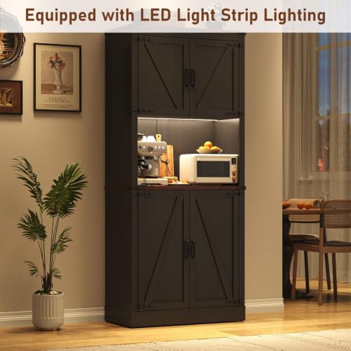 Image of 72 inch Tall Farmhouse Kitchen Pantry Cabinet with LED Light and Power Outlet,Modern Farmhouse Kitchen Storage Cabinet w Load-Bearing Steel Pipe,Barn Doors, Organizer,Food Pantry Cabinets(2PC Black)