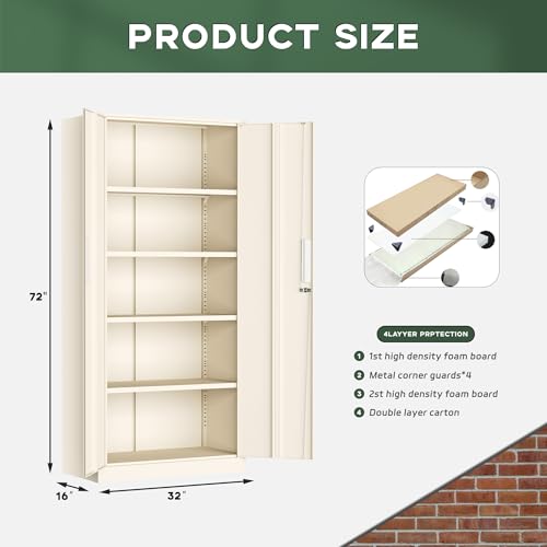 Image of Greenvelly Metal Storage Cabinet, 72 inch Locking Metal Garage Storage Cabinet with Doors and 4 Adjustable Shelves, Lockable Steel Cabinet for Home Office, Garage, Shop, School (Grey 32 inch W x 16 inch D)