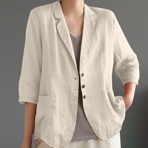 HGps8w Womens Cotton Linen Blazers Long Sleeve Loose Casual Suit Jackets Lightweight Summer Work Office Cardigan with Pockets4