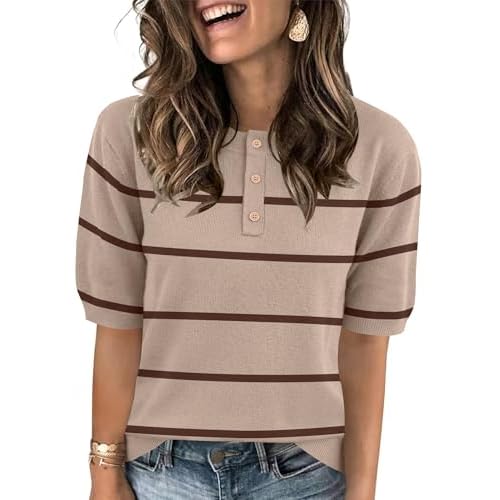 AKEWEI Sweaters for Women Crew Neck Short Sleeve Tops Knit Button Down Shirts Pullover Sweater