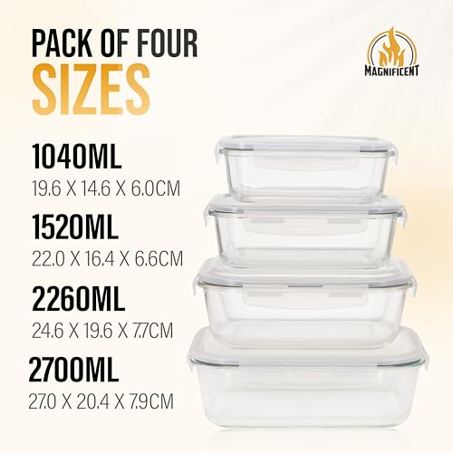 Magnificent 4-Pack Large glass food storage containers with Lids | 2700ml | 2260ml | 1520ml | 1040ml | Glass meal prep containers | Microwave, Oven, Freezer and Dishwasher Safe - Image 4