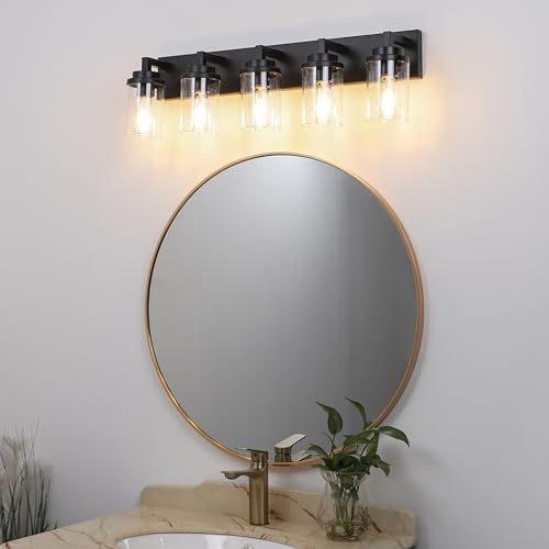 Image of MELUCEE 5-Light Black Bathroom Light Fixtures with Clear Glass Shade, Black Vanity Lights Industrial Wall Mount Light for Bathroom Mirror, Powder Room Bedroom
