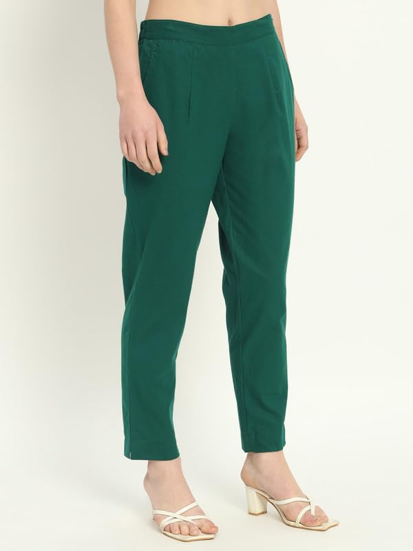 Image of Women's Solid Straight Fit 100% Cotton Trousers | High Waist, Side Pockets, Ankle Length Pants for Office, Casual