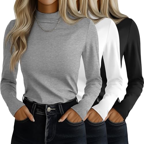 Ficerd 3 Pack Women's Mock Turtleneck Shirts, Long Sleeve Mock Neck Pullover Tops Slim Fitted Stretch Undershirt Tee Blouse(Black, White, Light Gray,Medium)