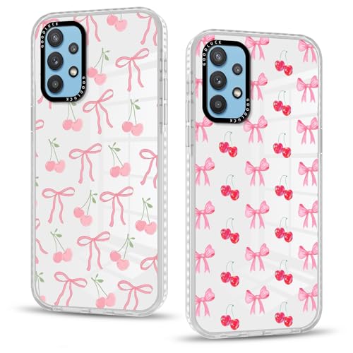 lioscre 2 Packs Phone Case for Samsung Galaxy A32 5G 6,5'', Bow Cherries Pattern Aesthetic Design with Cute Clear Transparent Cover, Soft Shockproof Protective Bumper Slim Funda for Women Girls, 04