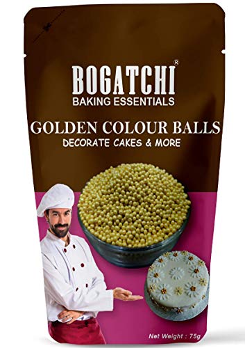 Image of BOGATCHI Golden Balls for Cake Decoration | Topping for Cake & Other Baking Items| Colored Sugar Confectionary | Cake Decorating Sprinkler |Gluten Free & Vegan |75g
