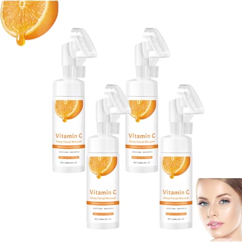 Limpiador facial espumoso con vitamina C con cepillo, limpiador facial iluminador e hidratante y tónico facial exfoliante con aloe vera y ácido hialurónico (4 unidades)