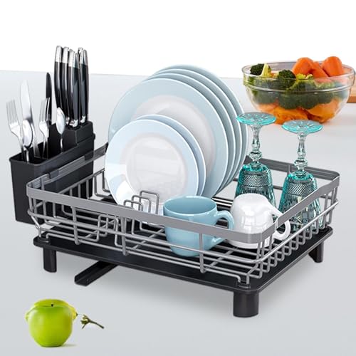 Escurridor de platos de metal con boquilla giratoria, estante de secado de platos, adorable estante de drenaje con soporte para cubiertos para platos, cuchillos, cucharas y tenedores