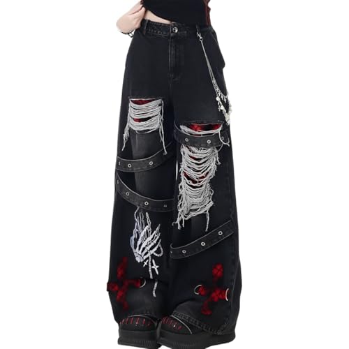 Harajuku Gothic High Waisted Straight Leg Jeans Y2K Vintage Lattice Fringe Ripped Embroidered Denim Pants