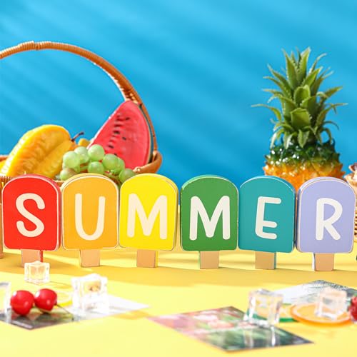 Wenqik 6 Pieces Summer Decor Wooden Summer Table Decoration Sign
