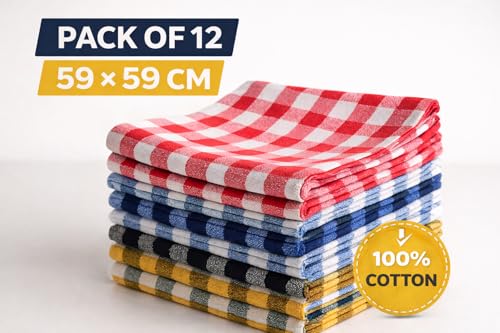 Image of Kitchen Towels Cotton Pack of 12 | Large 59x59 cm Checkered Dish Cloths | Highly Absorbent Tea Towels for Kitchen Cleaning & Wiping | Reusable Multi-Color Towels
