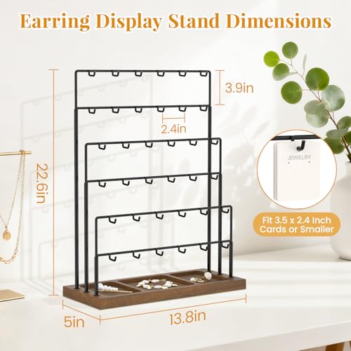 Image of EsLuker.ly Earring Card Display Stand for Vendors Events Selling, Earring Holder Rack Metal 6 Tier 36 Hooks with Wooden Base, Large Capacity Showcase Your Jewelry at Any Event, Black