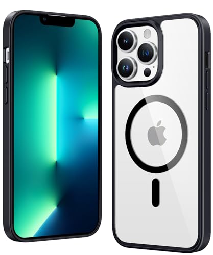 Image of FNTCASE for iPhone 13 Pro-Max Case: Clear Magnetic Phone Cases Compatible with Magsafe Slim Anti Yellowing Military Grade Drop Protection Rugged Protective Transparent Cell Phone Cover (B-Black)
