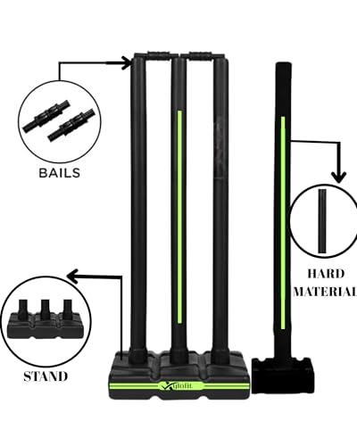 Image of Cricket Stumps | PVC Wickets Set with 4 Stumps + 2 Bails + 2 Stands | Full Size Wickets for Cricket Ground, Tournament Wicket | Stumps for Playing | Black with Neon Lines