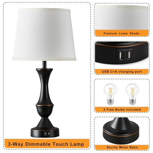 Image of Touch Table Lamps Set of 2, 22 inch Tall Bedside Lamps with USB C+A Ports | Dimmable Nightstand lamps, Table lamp for Bedrooms, Living Room, Office, Black Lamp with White Lampshade, Bulbs Included