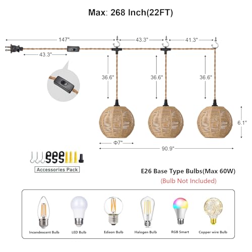 Image of 3 Lights Plug in Pendant Light with Cord On /Off Switch | Rattan Hanging Lamp with 22ft Hand Woven Wicker Plug in Chandelier Boho Hanging Lights Fixture