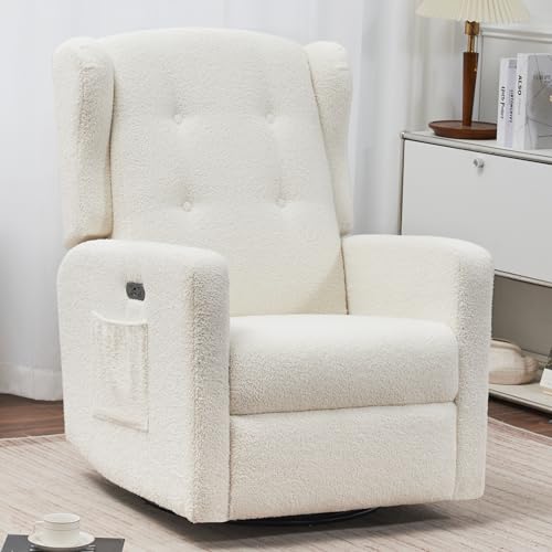 Image of Ketaiyou Power Swivel Rocking Recliner Chair, Electric Rocker Nursery Glider Chair, USB and Type-C Ports,Upholstered Teddy Fabric Reclining Single Sofa Chair for Living Room (Ted Beige)