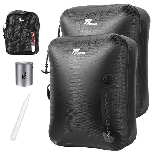POIXM Vacuum Bags for Travel with Wireless Pump, 180° Open Zipper, IP67 Waterproof, Reusable Space Saver Compression Bags for Backpack, Suitcase, Home Storage(2 Pack + Pump)