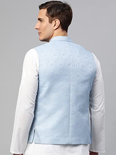 Image of MANQ Men's Sky Blue Woven Jaquard Silk Nehru Jacket
